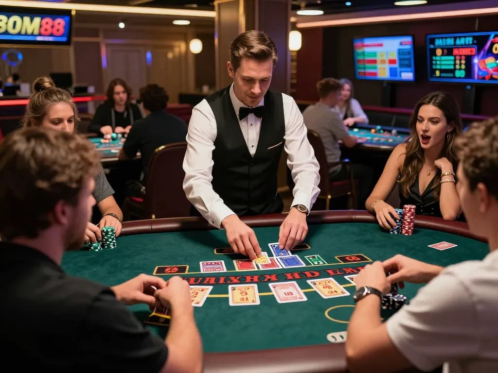 Pemain BOM88 mengalami permainan blackjack langsung yang mendebarkan dengan keputusan strategis.
