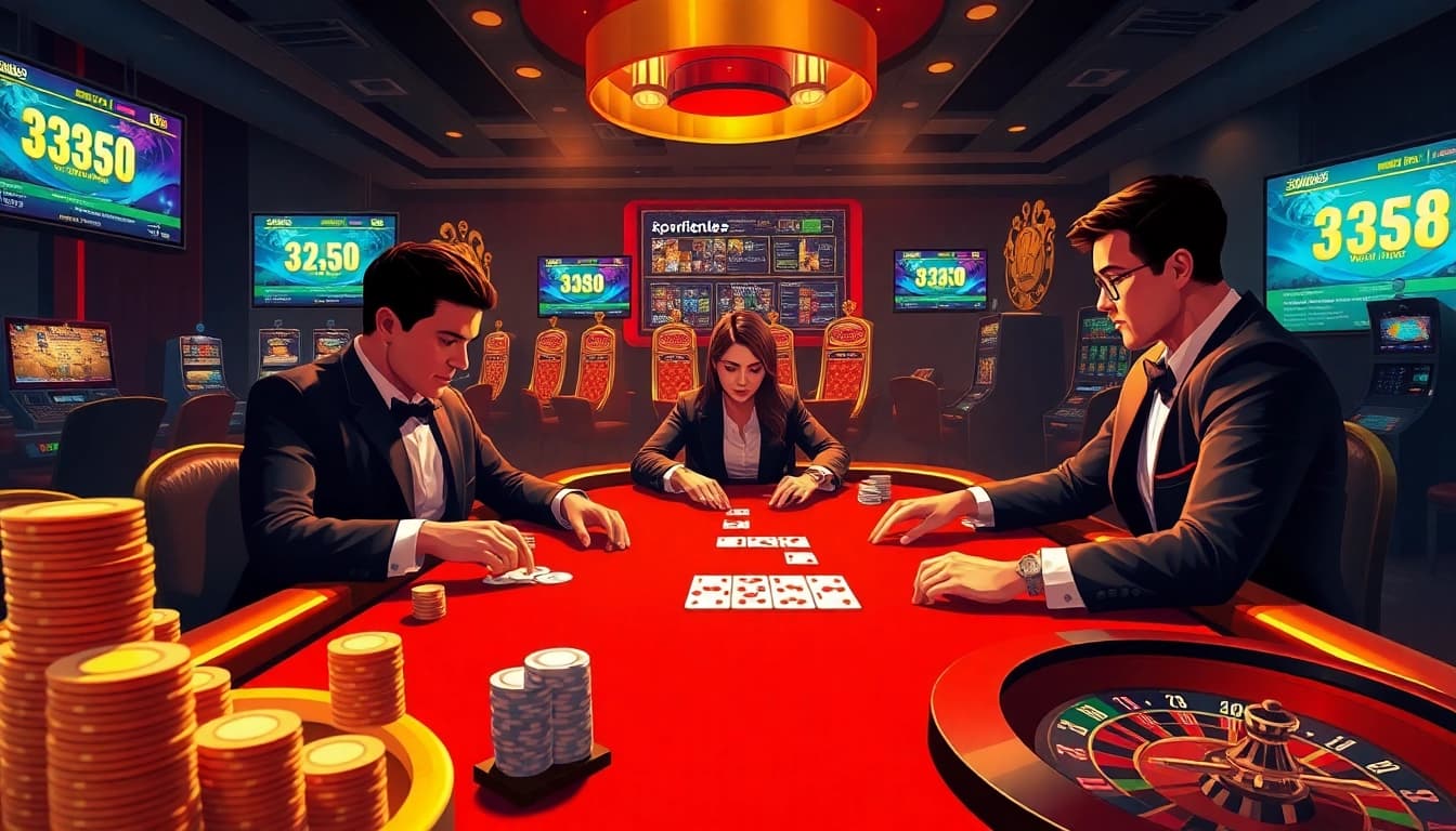 Experience the excitement of online gaming at 33win68 with vibrant casino tables and glowing slot machines.