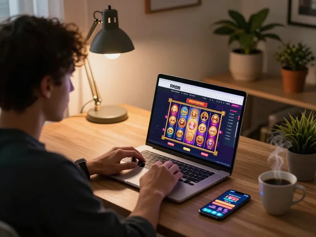 Player enjoying online slots on RR88 in a cozy home environment with laptop and smartphone.
