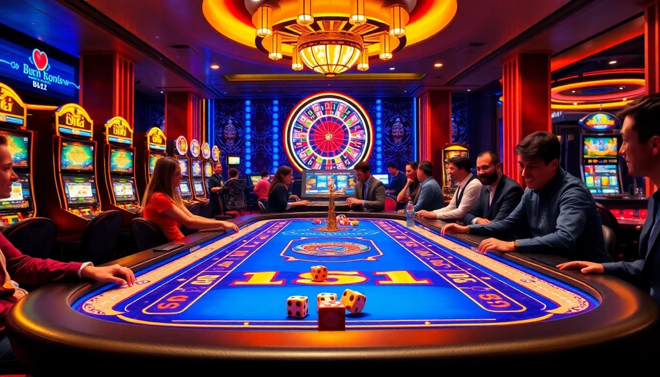 B52 gaming action with players at a vibrant table, chips flying and excitement in the air.