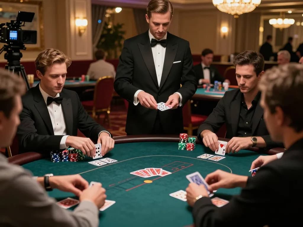 Các người chơi LUCK8 tham gia vào một ván poker cạnh tranh, thể hiện chiến lược và sự phấn khích trong không khí của một sòng bạc.