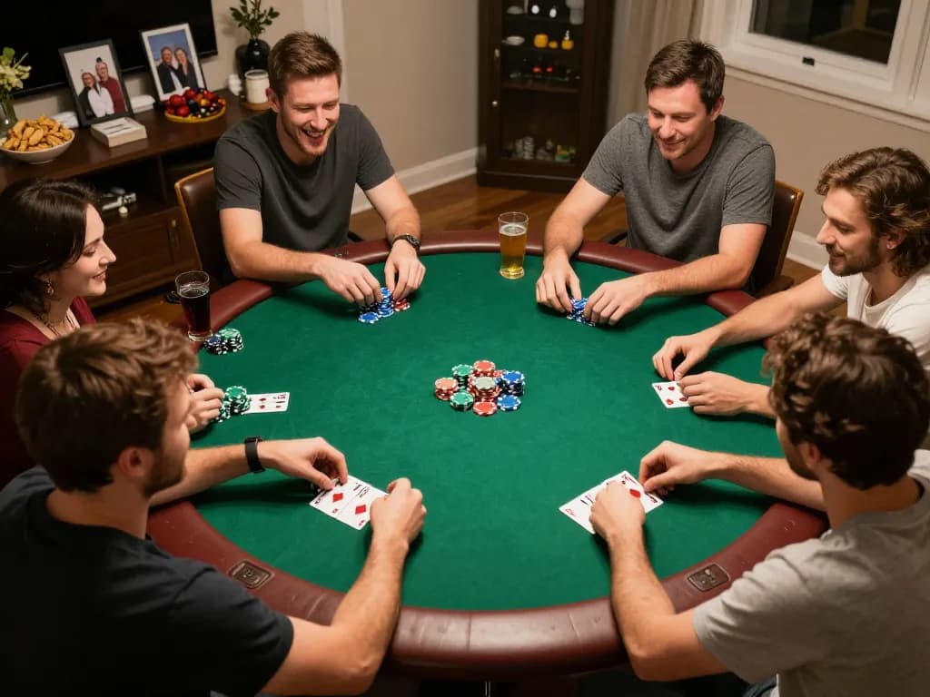 Playing poker at home during an exciting game night with Go99 atmosphere, showcasing players and chips.