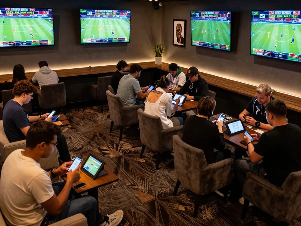 Experience exciting live sports betting action at 8live with guests engaging on their devices.