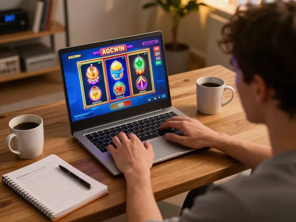 Pemain menikmati slot online di platform AGCWIN, menampilkan pengaturan permainan rumah yang hidup