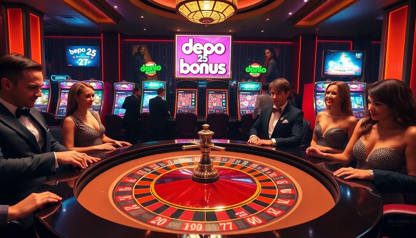 Experience the thrill with depo 25 bonus 27 at a luxurious roulette table in a professional casino setting.
