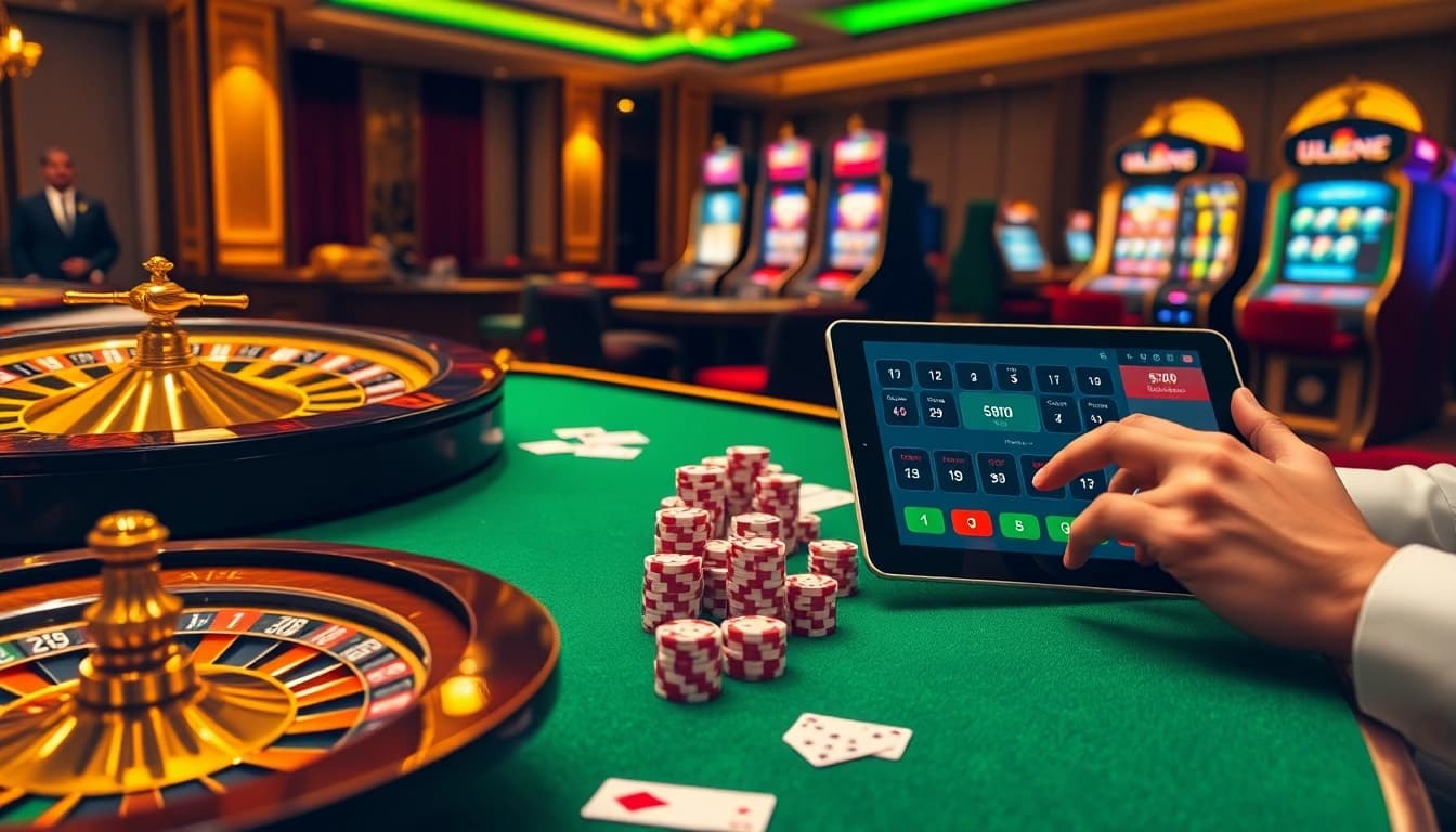 Engage with UU88's professional gambling experience at an elegant casino table with roulette and poker.