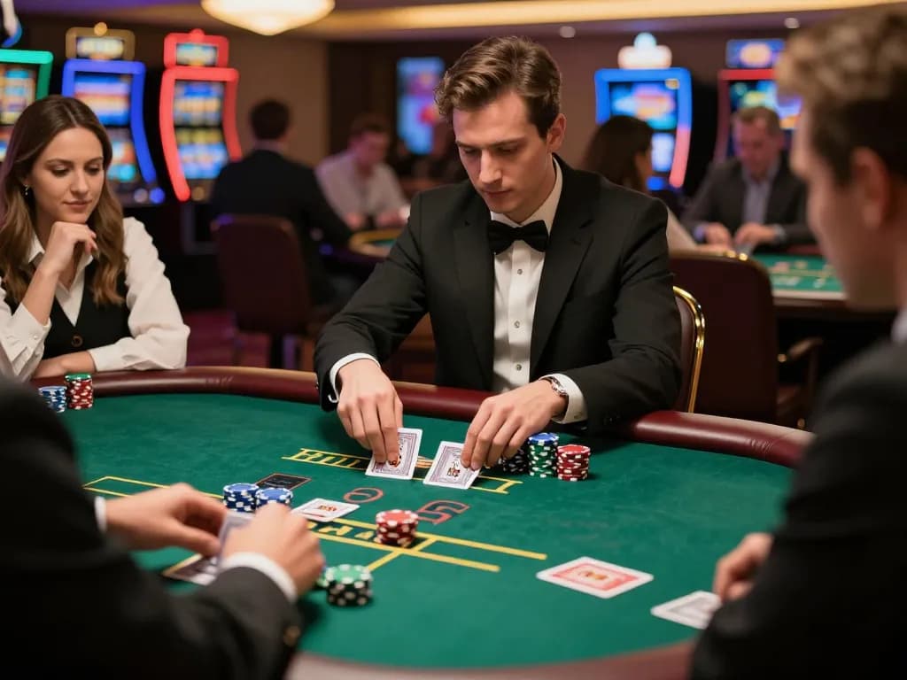 Pemain yang terlibat membuat keputusan strategis di meja blackjack KING55 di kasino yang cerah