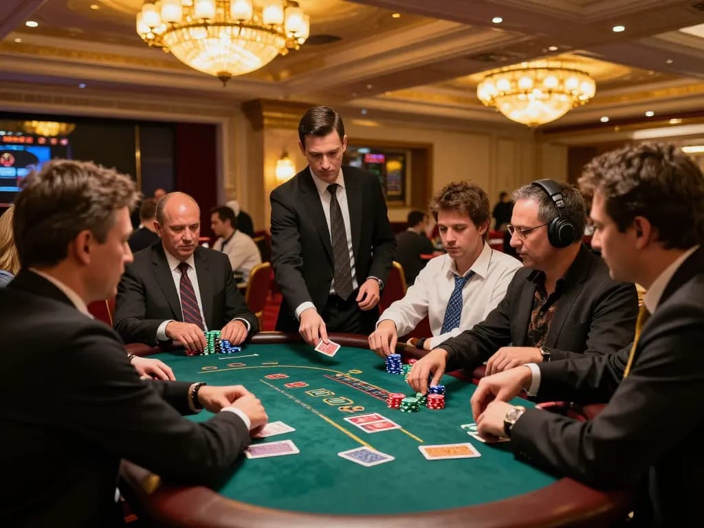 Players engaging in blackjack at a lively casino floor, showcasing situs botanicabali's thrilling gaming experience.