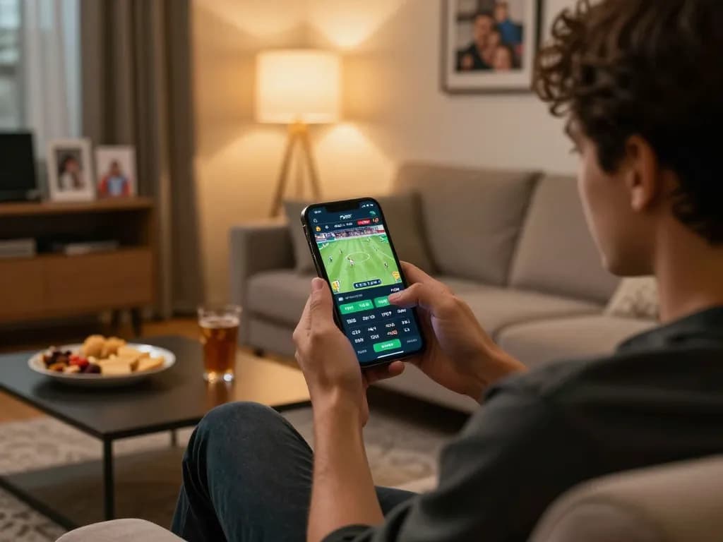 Engaged user monitoring live game odds on FABET mobile app while relaxed on a couch, creating a vibrant gaming atmosphere