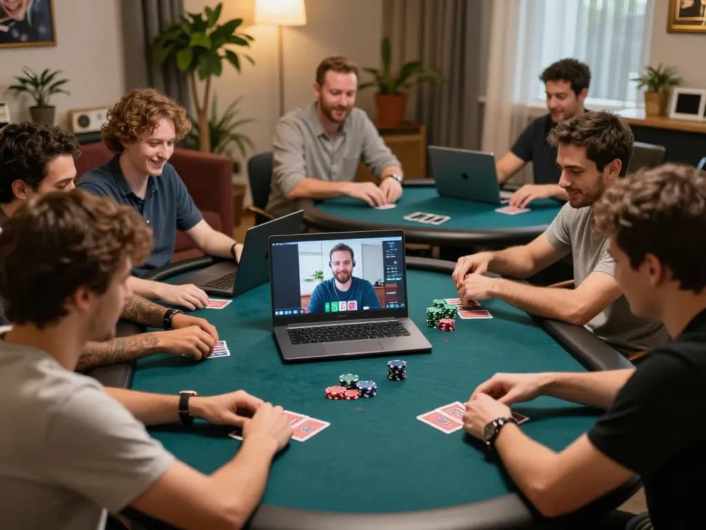 Players actively strategizing in an online poker game using uk88s, showcasing interactive gameplay and camaraderie.