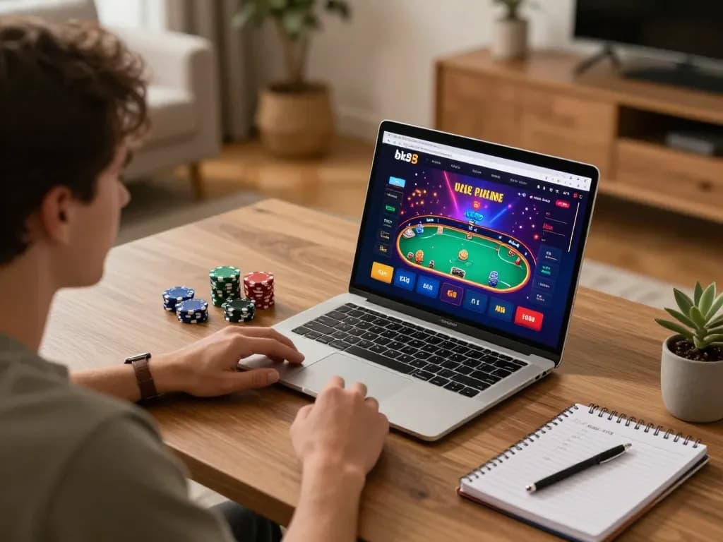 Engaged user strategizing on bk8 online casino with chips and notes.