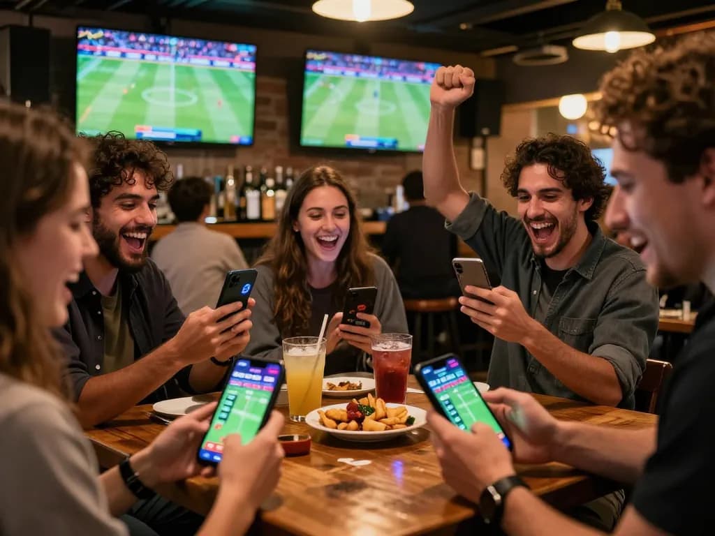 SBOBET mobile app in use during a thrilling sports betting event at a lively bar gathering.