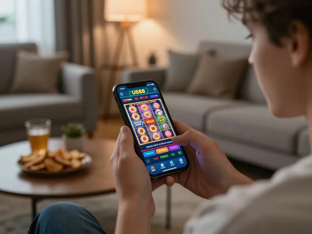 Player enjoying U888 app on smartphone while relaxing at home, showcasing engaging gaming experience