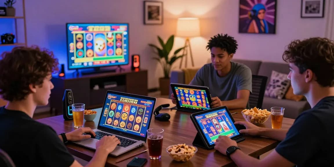 Players enjoying Bonus Buy Slots at cocomaya.co.uk in a cozy gaming setup with modern technology.