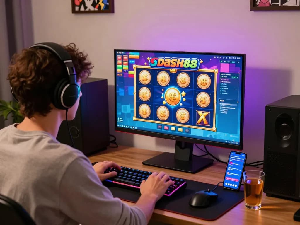 Player enjoying dash88 slot games in vibrant gaming environment with colorful lights and interactive setup.