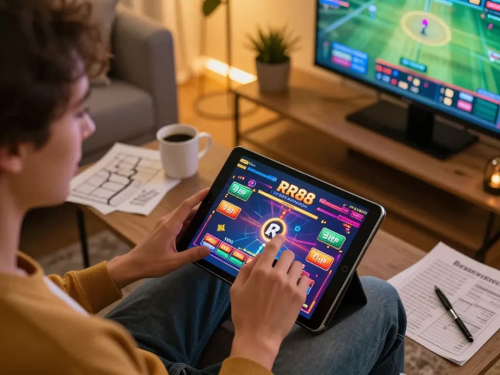 Excited player enjoying RR88 casino game on tablet in cozy living room setup.