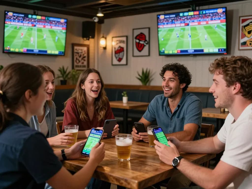 A group watching live sports and placing bets on 98win, enjoying an exciting outdoor atmosphere