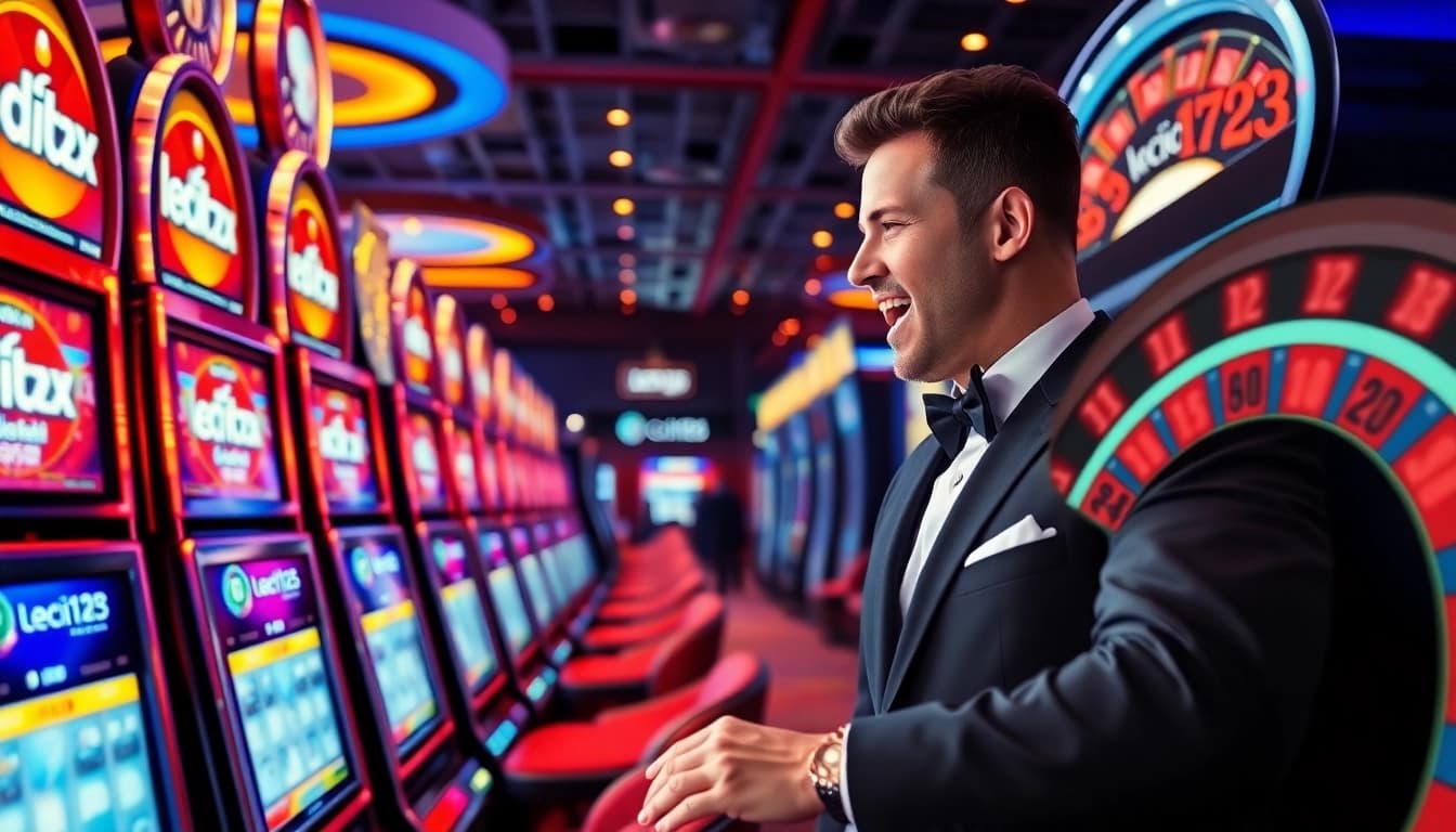 Experience the thrill of leci123 with a stylish slot machine and vibrant casino ambiance.