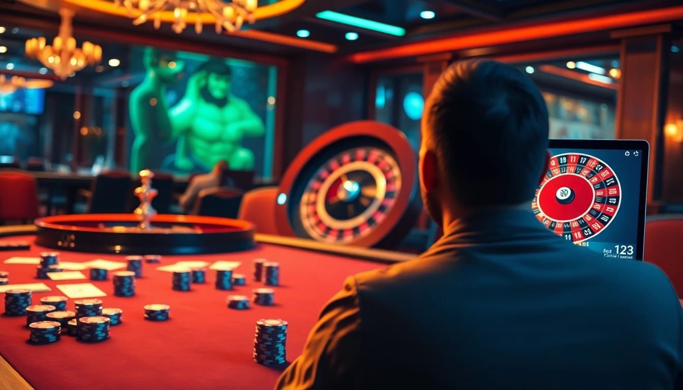 Enhance your gaming strategy at Goal123 with vibrant casino visuals featuring poker and roulette.