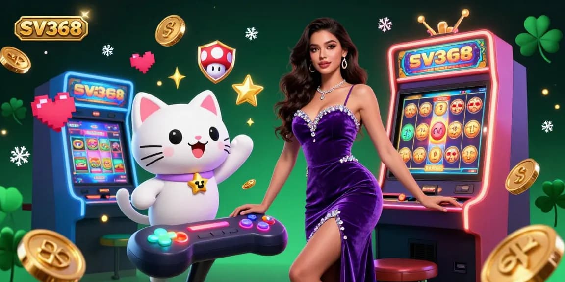 Spin to win on SV368 with a glamorous lady celebrating a jackpot alongside a waving fortune cat.