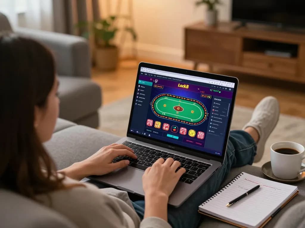 Luck8 online casino gameplay displayed on laptop in a cozy home setting