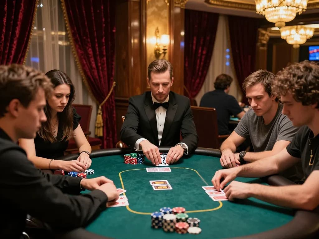 Playing poker at an upscale casino featuring intense focus and strategic gameplay, spotlighted ambiance, and immersive casino atmosphere, highlighting the excitement of 69vn gaming.