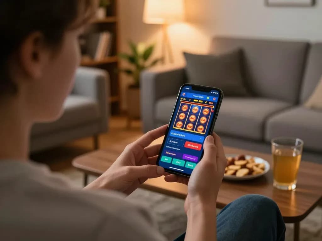 Sparking excitement playing situs slot on a smartphone in a cozy home setup.