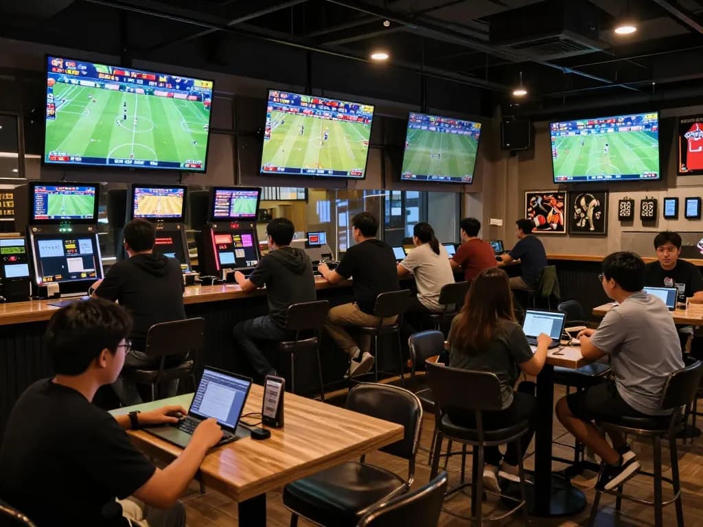 Fans placing bets on kèo nhà cái in a lively sports bar while enjoying live matches