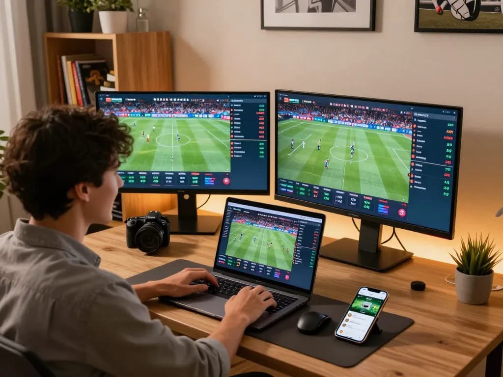 Engaged user placing bets on 68win sports betting platform at home with multiple screens displaying live events.
