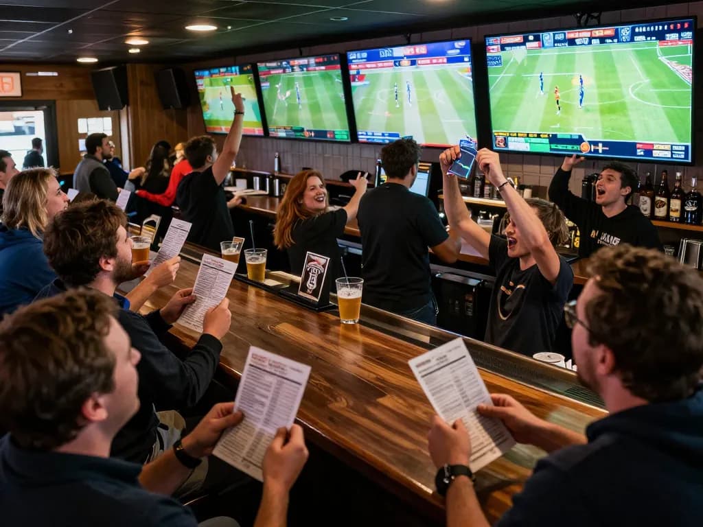 Betting excitement at a sports bar as patrons use sbobet app to wager on live games amid a vibrant atmosphere.