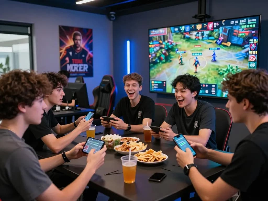 Exciting esports betting scene in Singapore, friends engaging in competitive betting with smartphones during a live match.