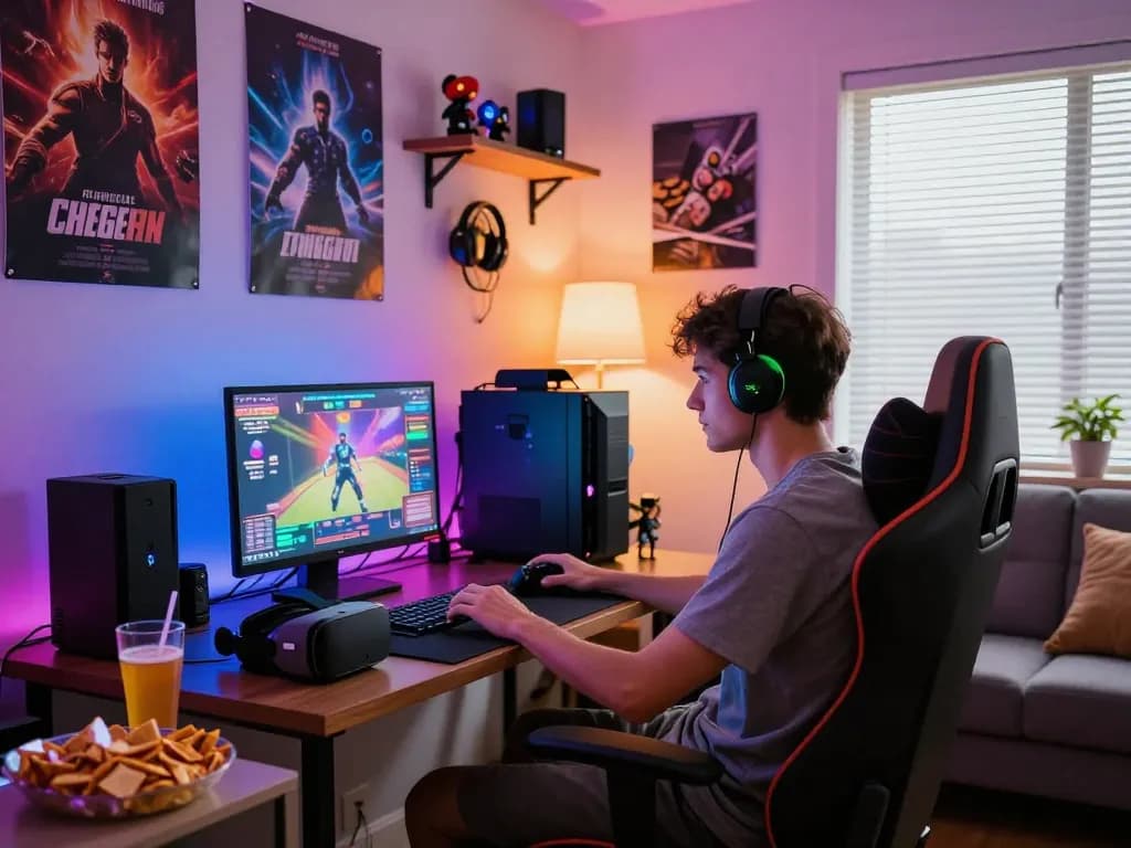 Engaged gamer enjoying a porn game in a cozy setting, complete with gaming accessories and vibrant LED lights.