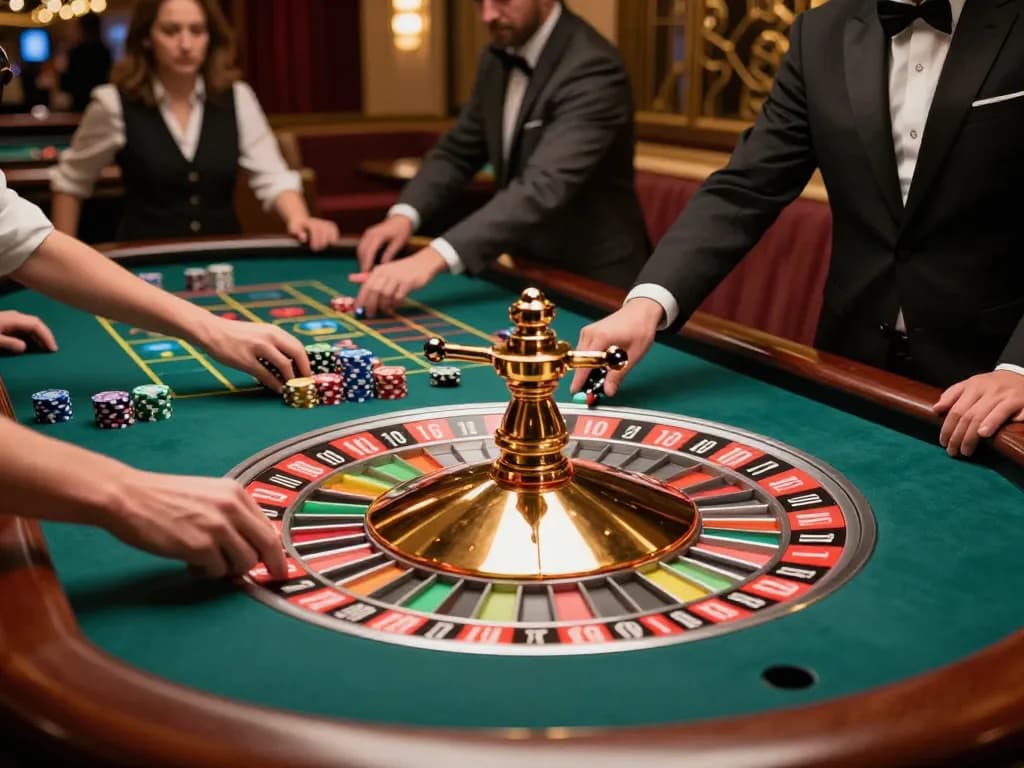 Players at tg88 roulette table excitedly placing bets as the croupier spins the wheel in a vibrant casino.