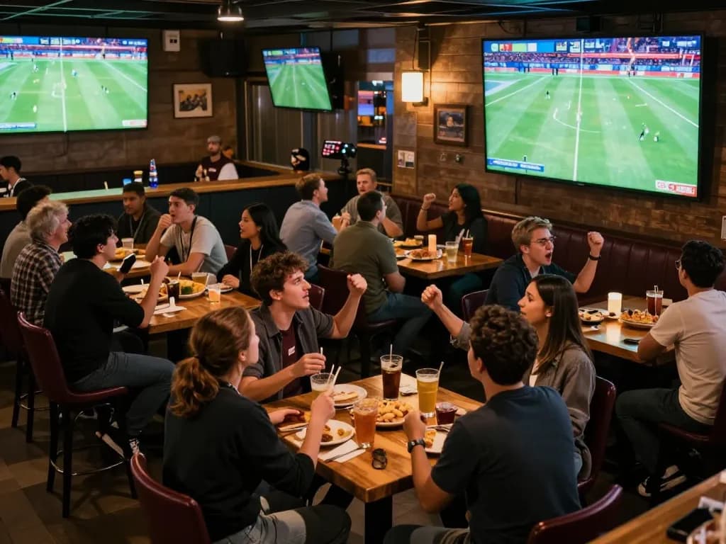 Cakhiatv users celebrating a goal at a lively sports bar while watching live matches