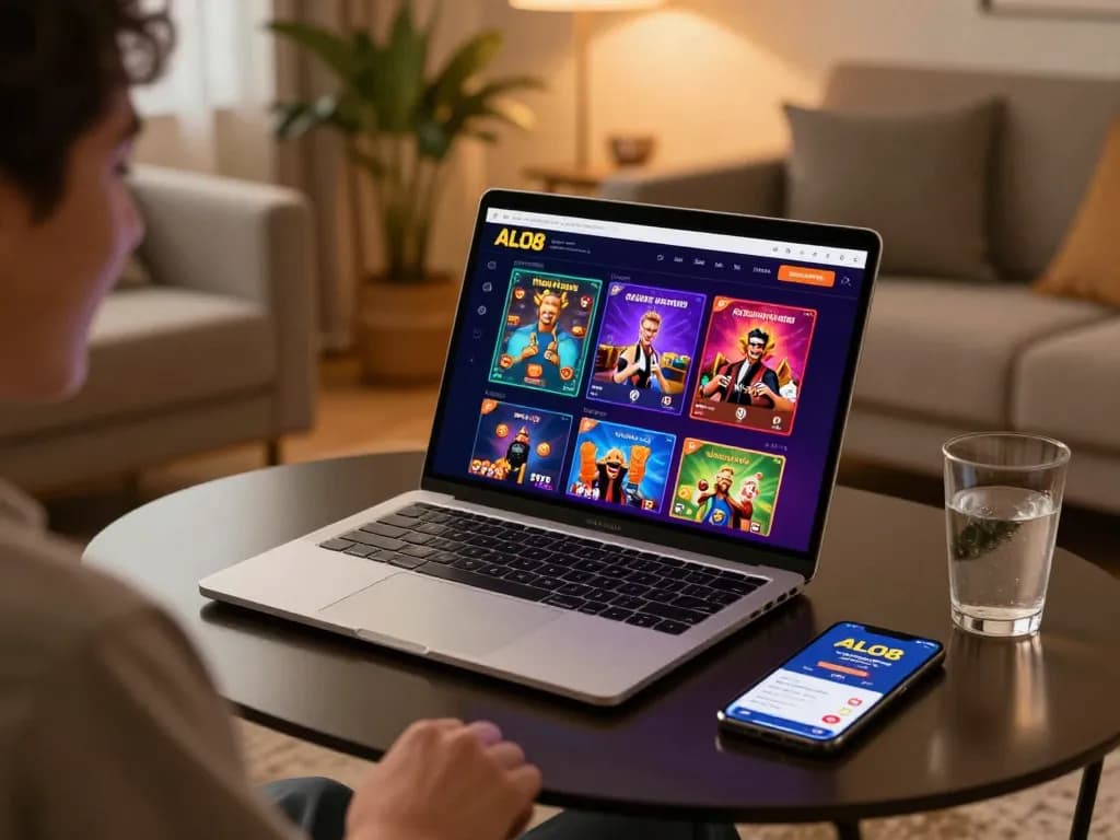 Engaging with ALO8 online casino on a laptop in a cozy home setting while enjoying strategic gameplay.