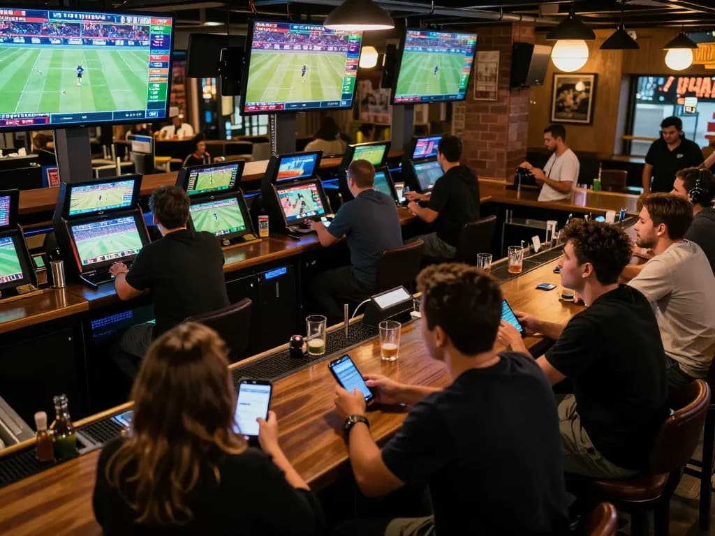 Bsport betting action at a lively sports bar with patrons engaged in real-time wagering and live game viewing.