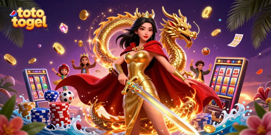 Engage in thrilling toto togel action with a majestic warrior queen surrounded by colorful gambling elements.