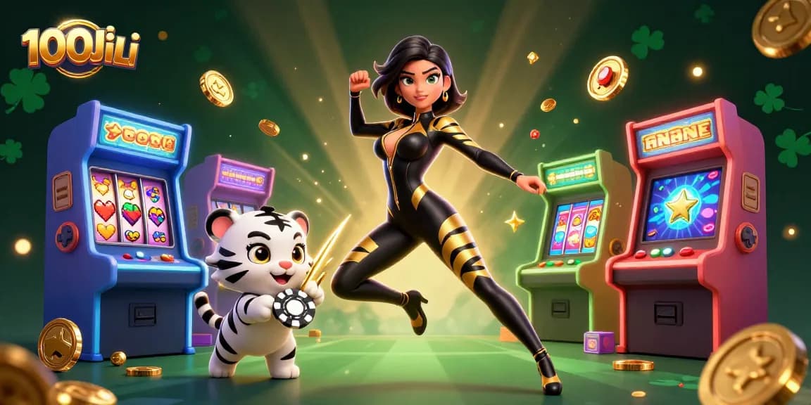 Experience thrilling gaming at 100JiLi with a vivid 3D illustration showcasing exciting casino elements.