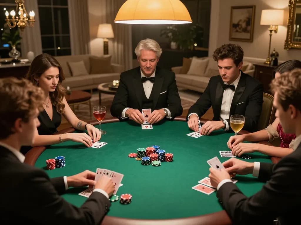 Friends engaged in a strategic poker game during an elegant home gathering, showcasing F168 themed chips and cards.