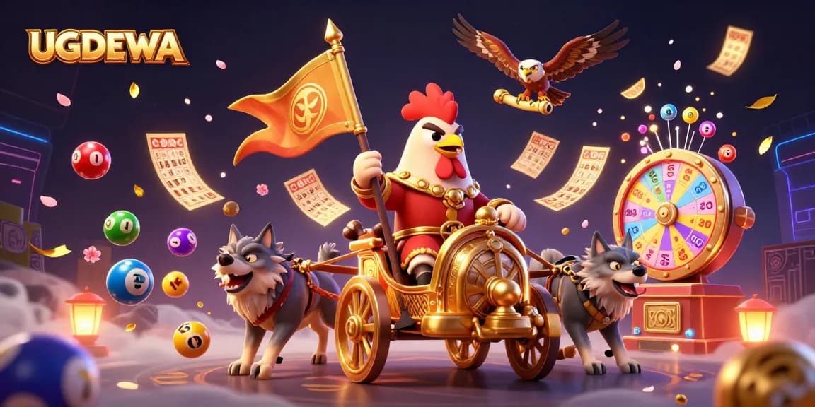 Engage with UGDEWA in a vibrant 3D scene featuring lottery elements and a heroic rooster warlord.
