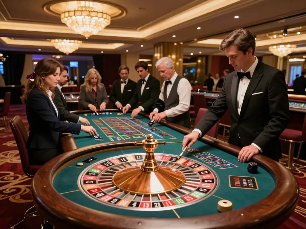 Players at a roulette table experience the excitement of luck88com in a luxurious casino setting.