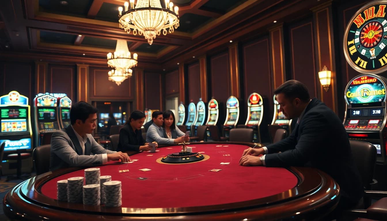 Players engage in high-stakes poker at a luxurious casino table, highlighting the excitement of nohu gaming.