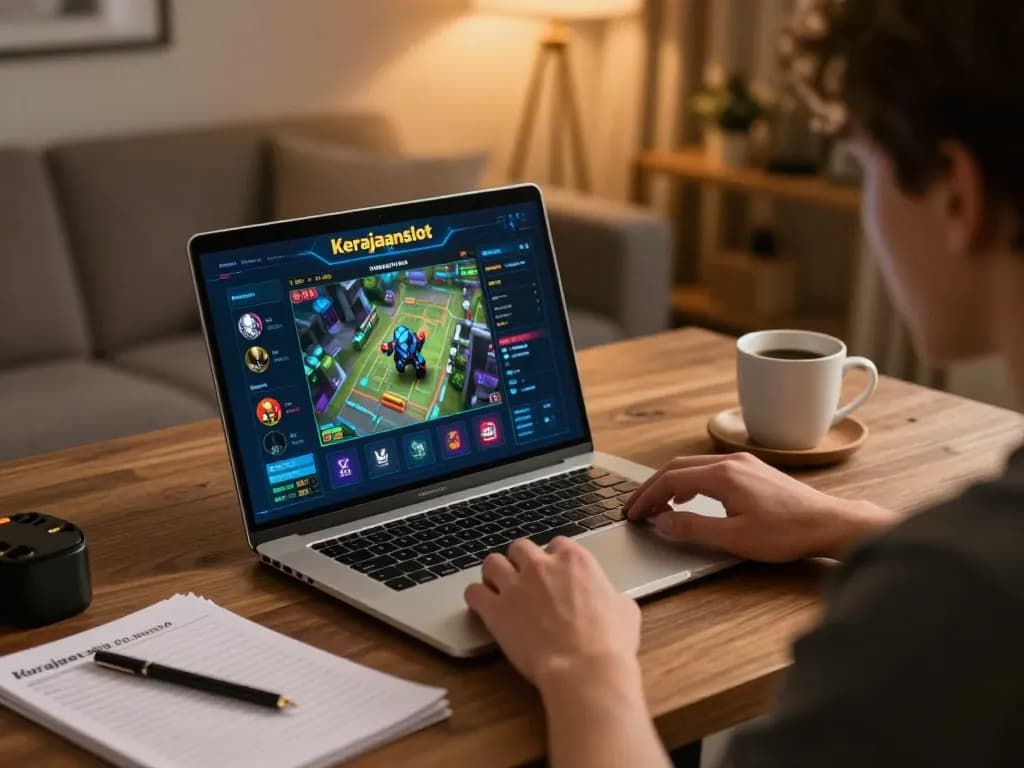 Engaging in kerajaanslot gameplay on a laptop in a cozy setting, highlighting responsible gaming.