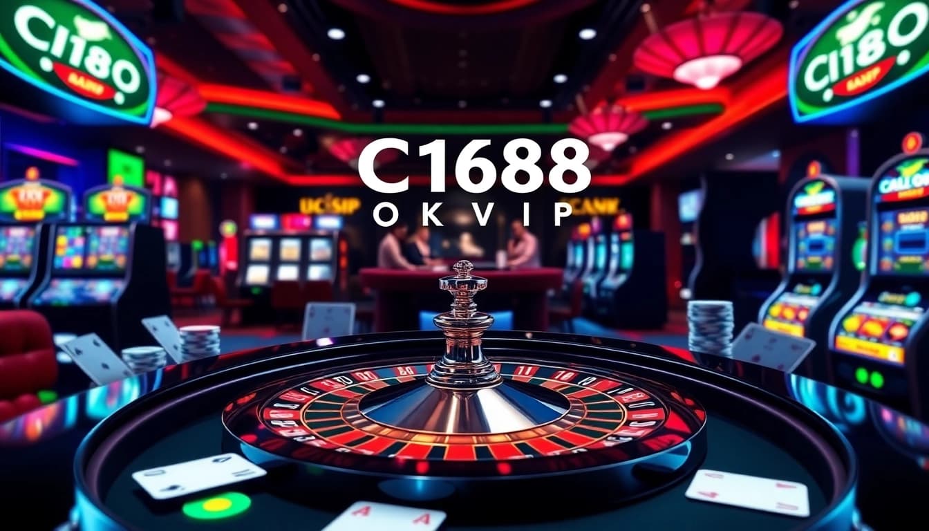 Experience the excitement at C168 OKVIP casino with poker chips and a dazzling roulette wheel.