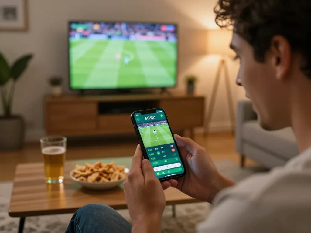 Soi kèo brazil betting in action, person excitedly placing a bet on smartphone at home.
