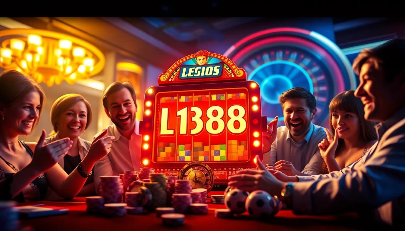 Winning players celebrate at the LEGO138 slot machine in a vibrant casino atmosphere.