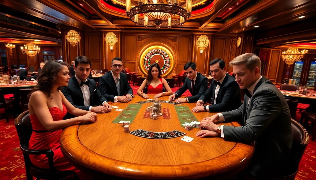 Engaging scene of juragan77 poker players enjoying high-stakes action at a luxury casino.