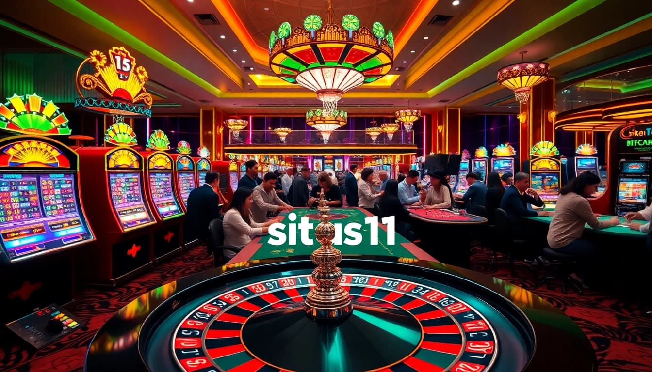 Situs11 casino scene showcasing vibrant slot machines and poker tables with enthusiastic players.