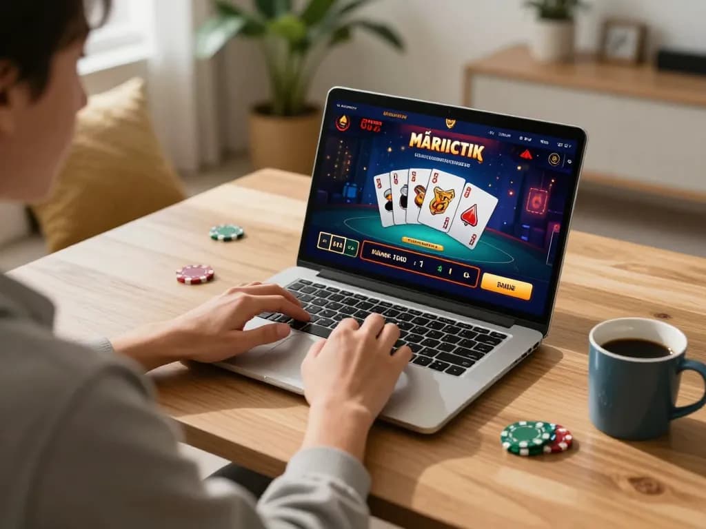 Engaged player enjoying cm88 online casino games at a cozy home setup.