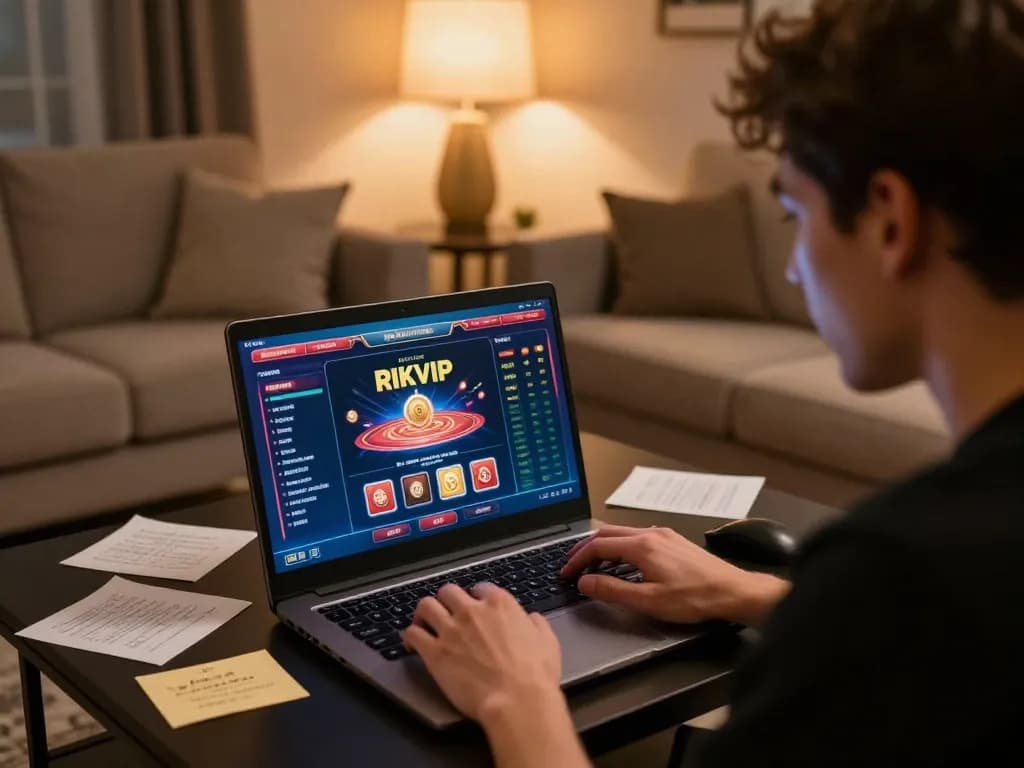 RIKVIP online player strategizing for a winning session on their laptop